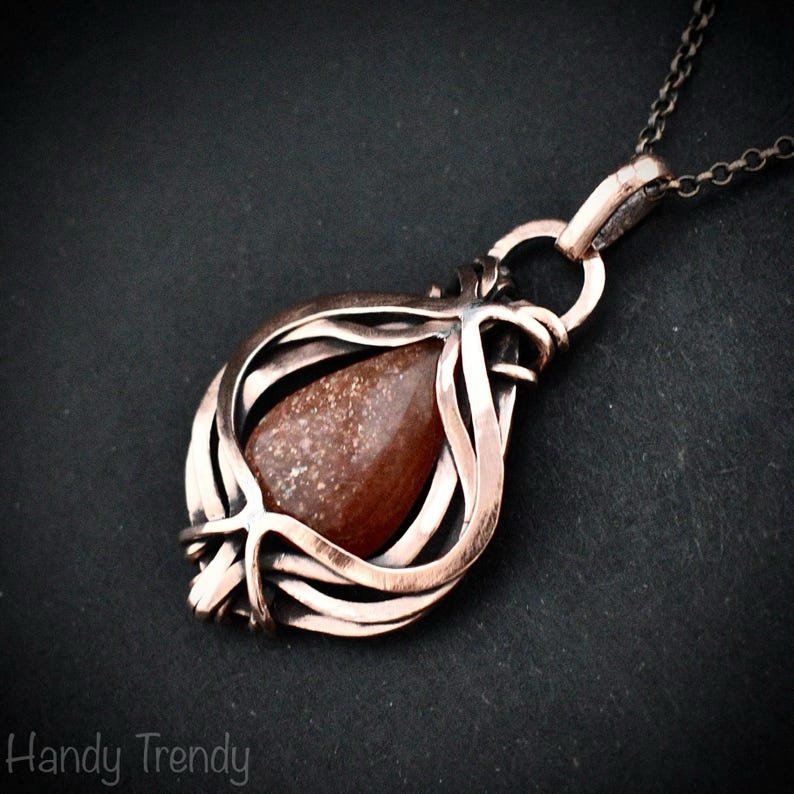 Sunstone pendant, Free-Flow copper wire wrapped necklace, Unique handmade gift, One of a kind necklace, Artisan boho jewelry