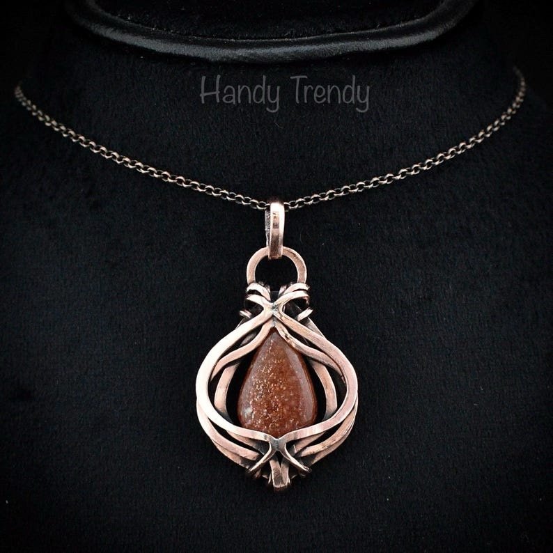 Sunstone pendant, Free-Flow copper wire wrapped necklace, Unique handmade gift, One of a kind necklace, Artisan boho jewelry