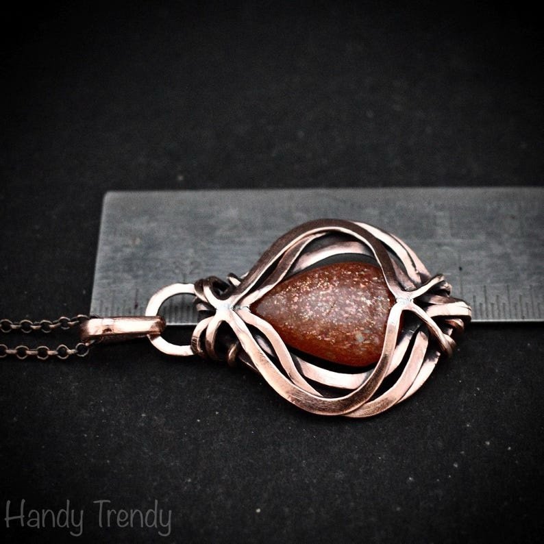 Sunstone pendant, Free-Flow copper wire wrapped necklace, Unique handmade gift, One of a kind necklace, Artisan boho jewelry