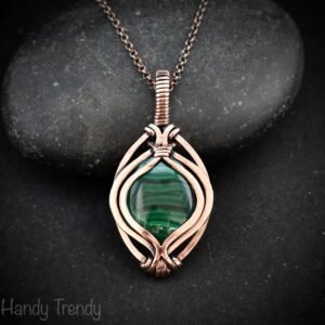 Malachite pendant, Free flow copper wire wrapped necklace, Unique handmade gift, One of a kind jewelry, Artisan boho necklace