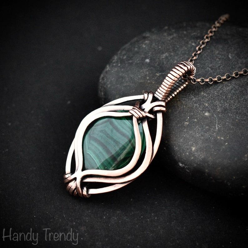 Malachite pendant, Free flow copper wire wrapped necklace, Unique handmade gift, One of a kind jewelry, Artisan boho necklace