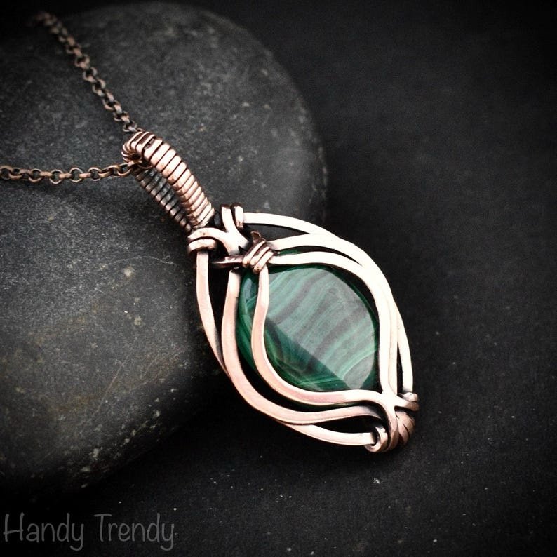 Malachite pendant, Free flow copper wire wrapped necklace, Unique handmade gift, One of a kind jewelry, Artisan boho necklace