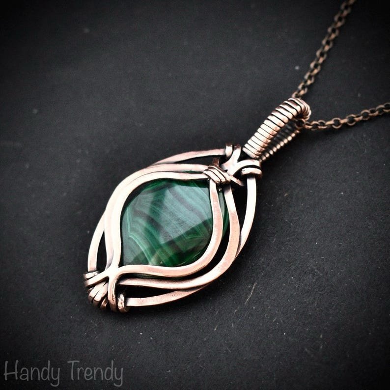 Malachite pendant, Free flow copper wire wrapped necklace, Unique handmade gift, One of a kind jewelry, Artisan boho necklace