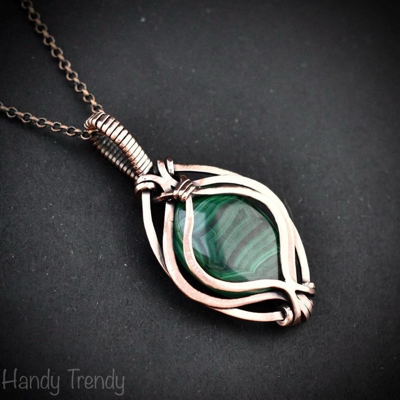 Malachite pendant, Free flow copper wire wrapped necklace, Unique handmade gift, One of a kind jewelry, Artisan boho necklace