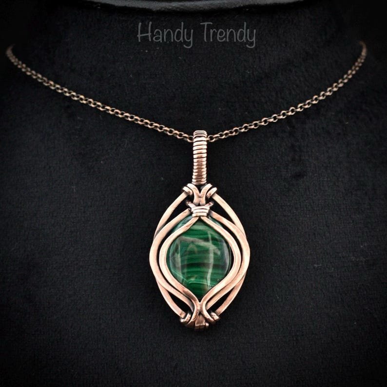 Malachite pendant, Free flow copper wire wrapped necklace, Unique handmade gift, One of a kind jewelry, Artisan boho necklace