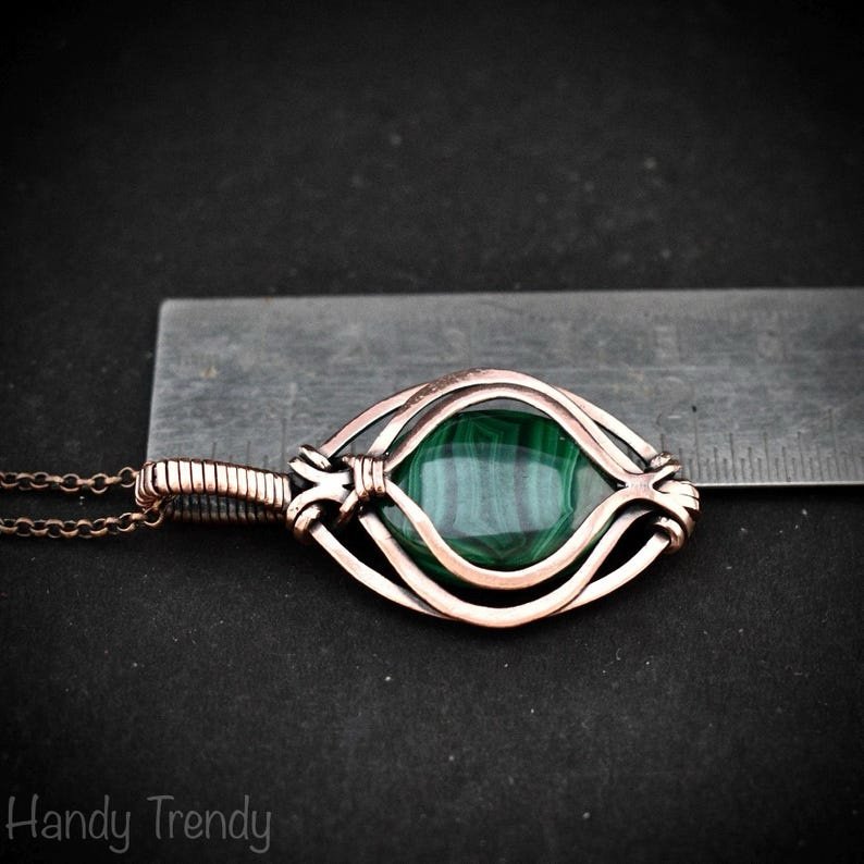 Malachite pendant, Free flow copper wire wrapped necklace, Unique handmade gift, One of a kind jewelry, Artisan boho necklace