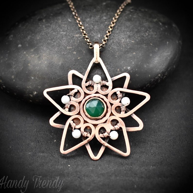 Flower pendant, Green onyx and pearl Copper Wire wrap necklace, Unique handmade gift, Artisan Jewelry, One of a kind necklace