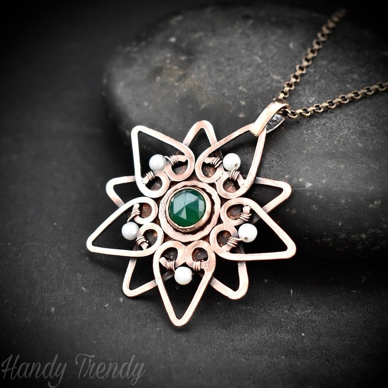 Flower pendant, Green onyx and pearl Copper Wire wrap necklace, Unique handmade gift, Artisan Jewelry, One of a kind necklace