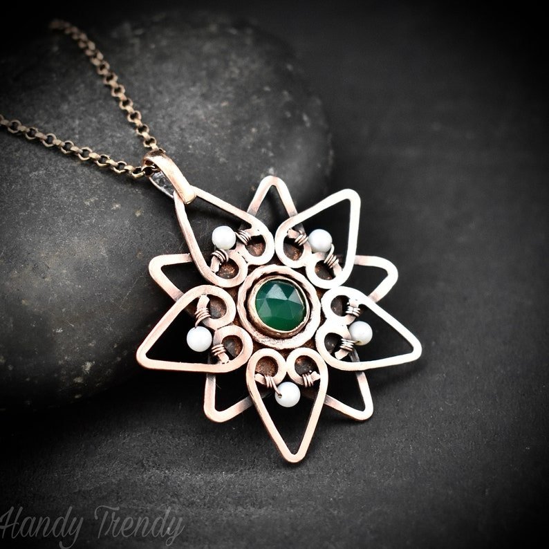 Flower pendant, Green onyx and pearl Copper Wire wrap necklace, Unique handmade gift, Artisan Jewelry, One of a kind necklace