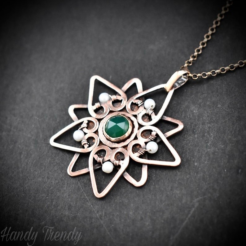 Flower pendant, Green onyx and pearl Copper Wire wrap necklace, Unique handmade gift, Artisan Jewelry, One of a kind necklace