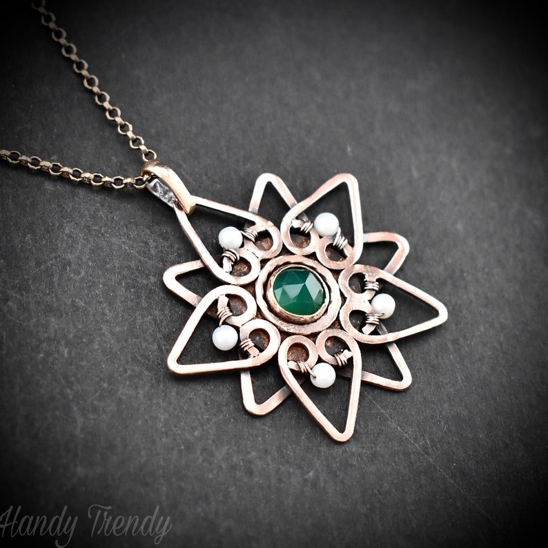 Flower pendant, Green onyx and pearl Copper Wire wrap necklace, Unique handmade gift, Artisan Jewelry, One of a kind necklace