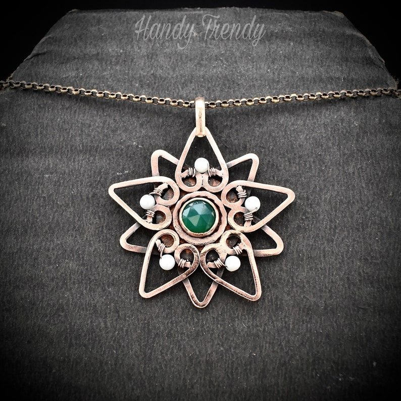 Flower pendant, Green onyx and pearl Copper Wire wrap necklace, Unique handmade gift, Artisan Jewelry, One of a kind necklace