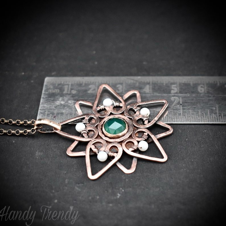 Flower pendant, Green onyx and pearl Copper Wire wrap necklace, Unique handmade gift, Artisan Jewelry, One of a kind necklace