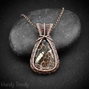 Turritella fossil pendant, Copper wire wrapped weaving necklace, Unique handmade gift, One of a kind jewelry, Artisan boho necklace
