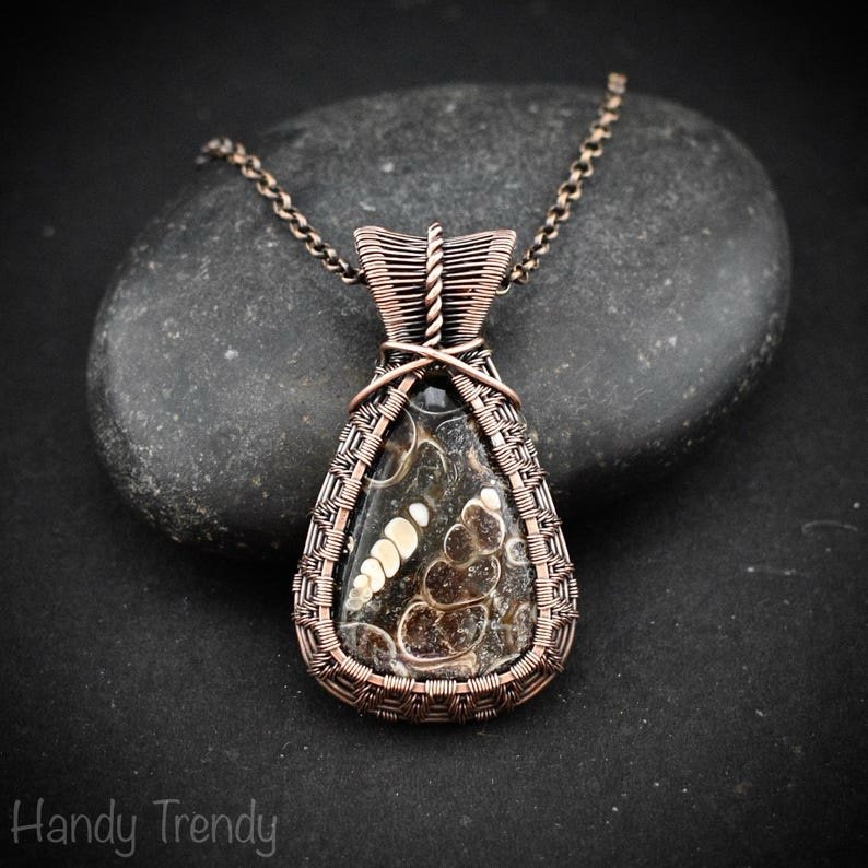 Turritella fossil pendant, Copper wire wrapped weaving necklace, Unique handmade gift, One of a kind jewelry, Artisan boho necklace