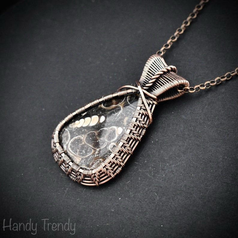 Turritella fossil pendant, Copper wire wrapped weaving necklace, Unique handmade gift, One of a kind jewelry, Artisan boho necklace
