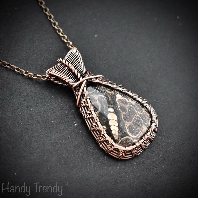 Turritella fossil pendant, Copper wire wrapped weaving necklace, Unique handmade gift, One of a kind jewelry, Artisan boho necklace