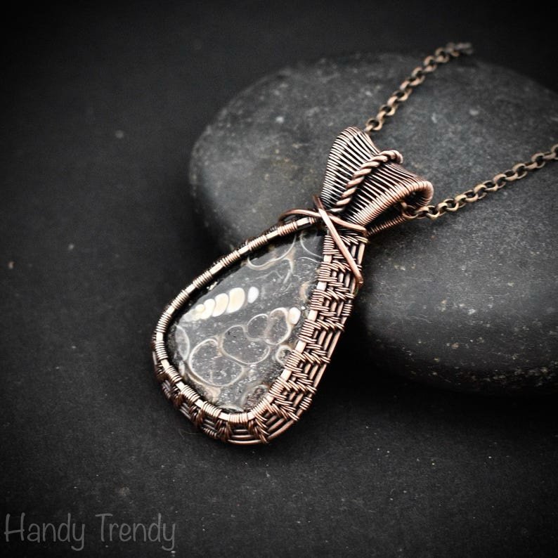 Turritella fossil pendant, Copper wire wrapped weaving necklace, Unique handmade gift, One of a kind jewelry, Artisan boho necklace