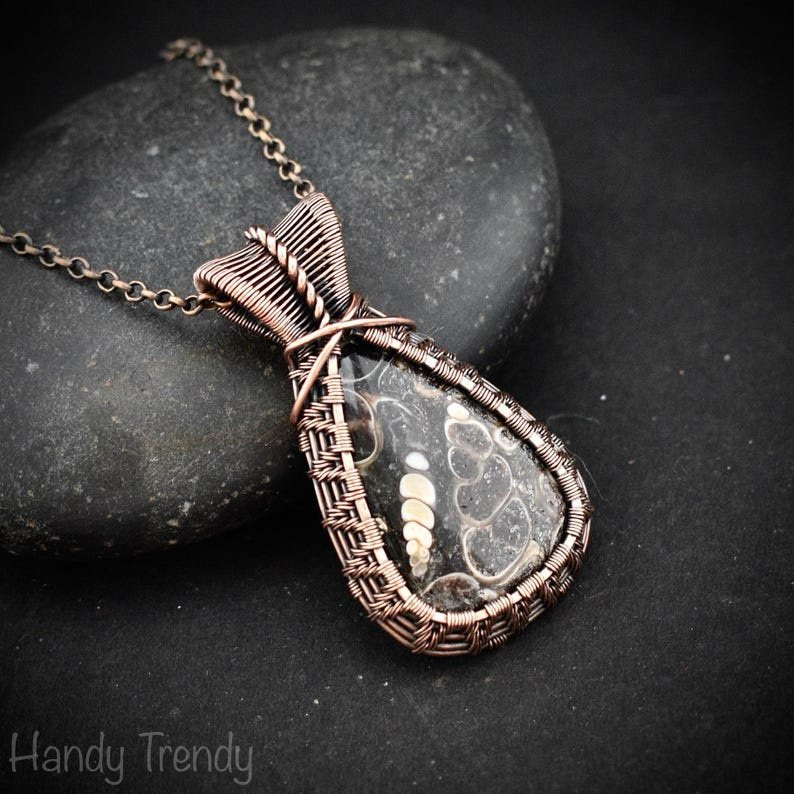 Turritella fossil pendant, Copper wire wrapped weaving necklace, Unique handmade gift, One of a kind jewelry, Artisan boho necklace