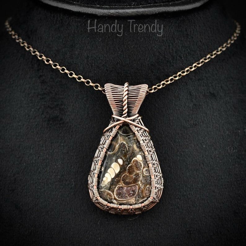 Turritella fossil pendant, Copper wire wrapped weaving necklace, Unique handmade gift, One of a kind jewelry, Artisan boho necklace
