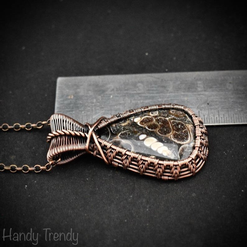 Turritella fossil pendant, Copper wire wrapped weaving necklace, Unique handmade gift, One of a kind jewelry, Artisan boho necklace