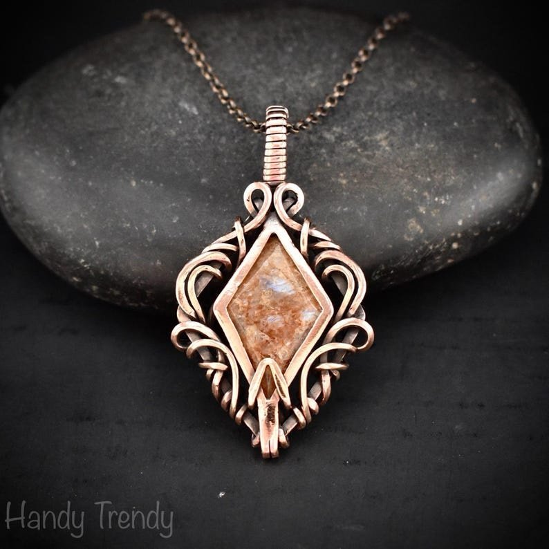 Ontario fishscale peristerite pendant, Free flow copper wire wrapped necklace, Unique handmade gift, One of a kind jewelry, Artisan jewelry,
