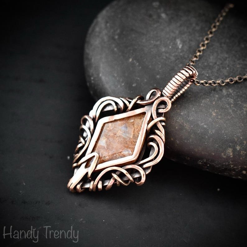 Ontario fishscale peristerite pendant, Free flow copper wire wrapped necklace, Unique handmade gift, One of a kind jewelry, Artisan jewelry,