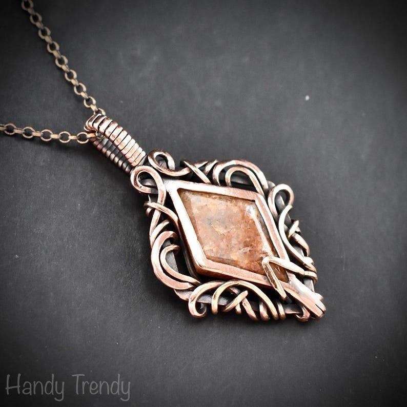 Ontario fishscale peristerite pendant, Free flow copper wire wrapped necklace, Unique handmade gift, One of a kind jewelry, Artisan jewelry,