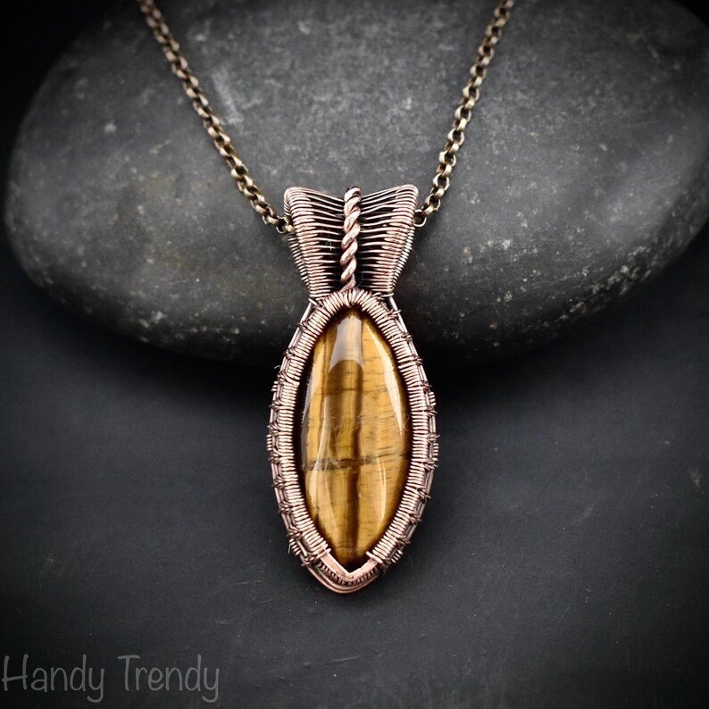 Yellow tiger eye pendant, Copper wire wrapped jewelry, Unique handmade Gift, Artisan boho necklace, One of a kind statement piece