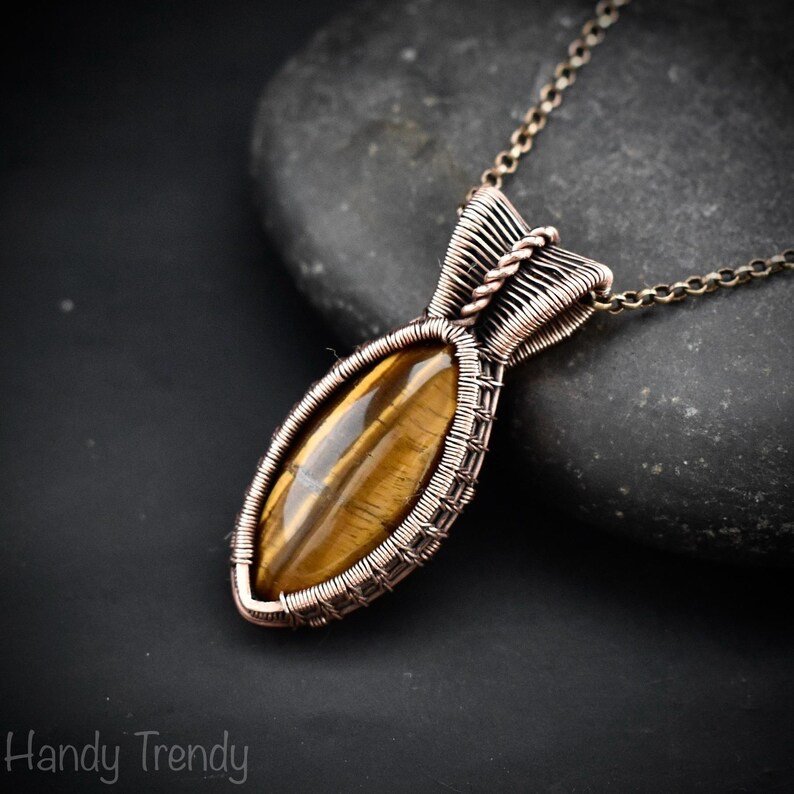 Yellow tiger eye pendant, Copper wire wrapped jewelry, Unique handmade Gift, Artisan boho necklace, One of a kind statement piece