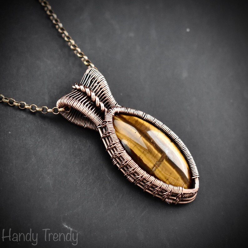 Yellow tiger eye pendant, Copper wire wrapped jewelry, Unique handmade Gift, Artisan boho necklace, One of a kind statement piece