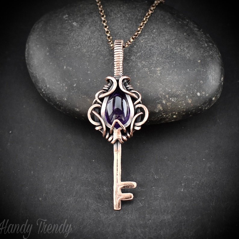 Amethyst key pendant, Free flow copper wire wrapped necklace, Unique handmade gift, One of a kind jewelry, Artisan boho jewelry