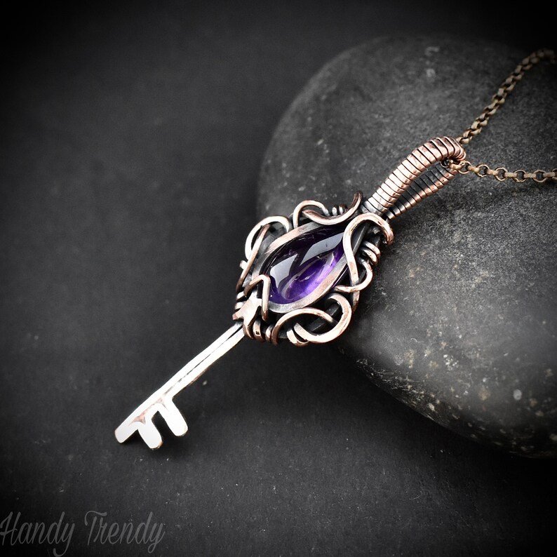 Amethyst key pendant, Free flow copper wire wrapped necklace, Unique handmade gift, One of a kind jewelry, Artisan boho jewelry