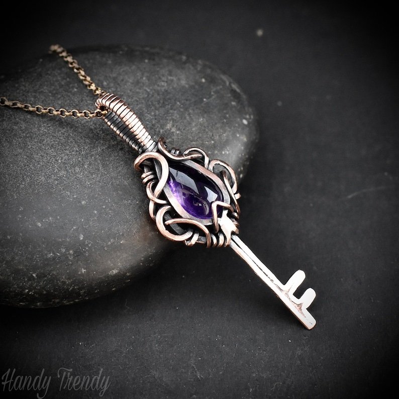 Amethyst key pendant, Free flow copper wire wrapped necklace, Unique handmade gift, One of a kind jewelry, Artisan boho jewelry