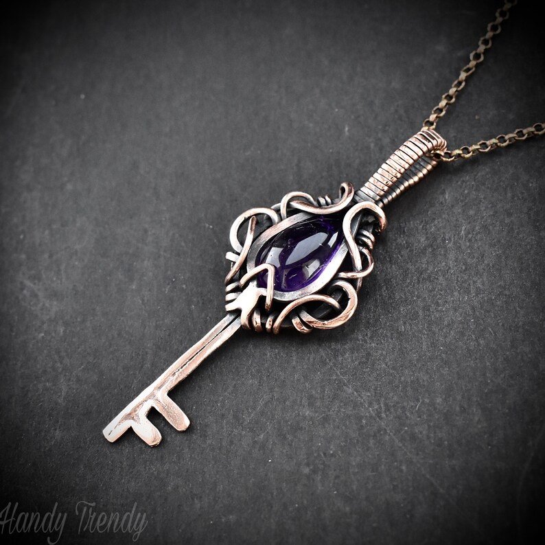 Amethyst key pendant, Free flow copper wire wrapped necklace, Unique handmade gift, One of a kind jewelry, Artisan boho jewelry