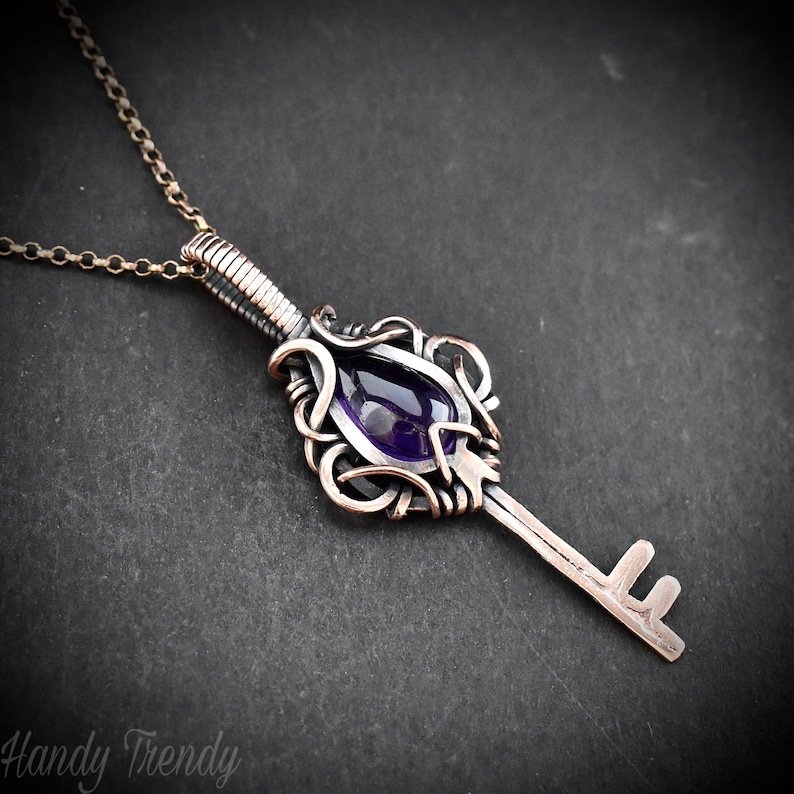 Amethyst key pendant, Free flow copper wire wrapped necklace, Unique handmade gift, One of a kind jewelry, Artisan boho jewelry