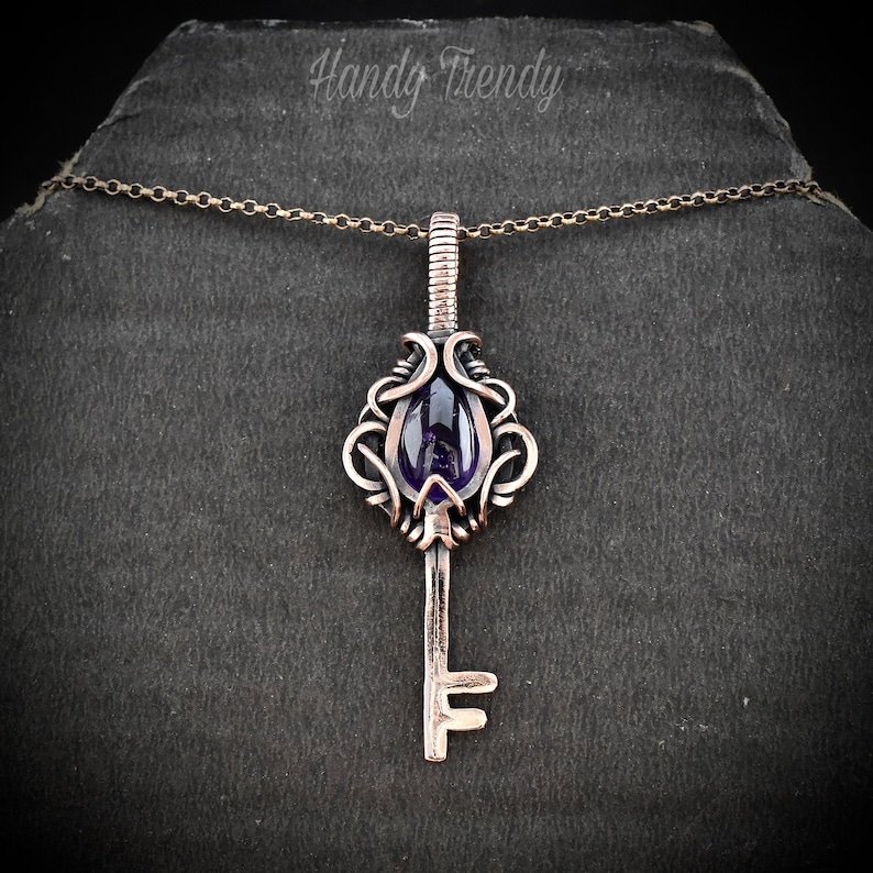 Amethyst key pendant, Free flow copper wire wrapped necklace, Unique handmade gift, One of a kind jewelry, Artisan boho jewelry