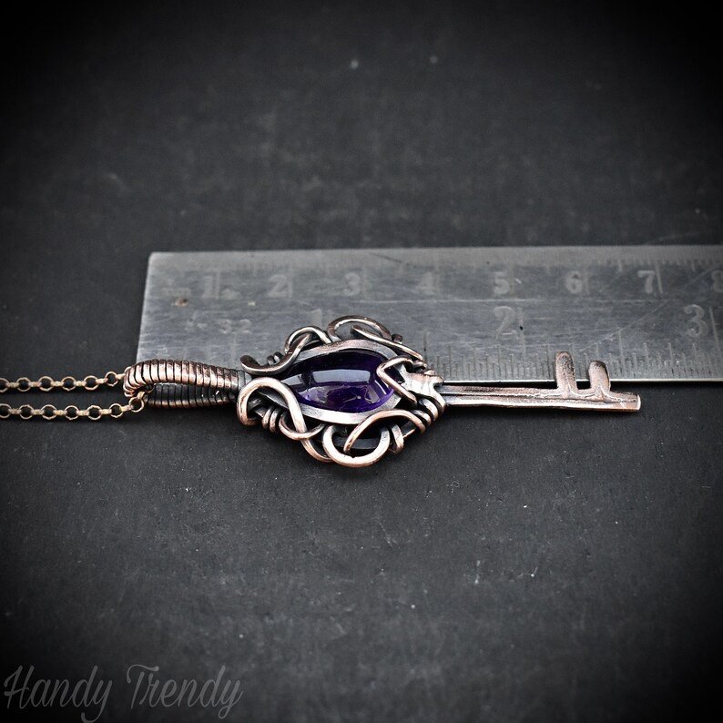 Amethyst key pendant, Free flow copper wire wrapped necklace, Unique handmade gift, One of a kind jewelry, Artisan boho jewelry