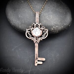 Cubic zirconia key pendant, Free flow copper wire wrapped necklace, Unique handmade gift, One of a kind Artisan jewelry