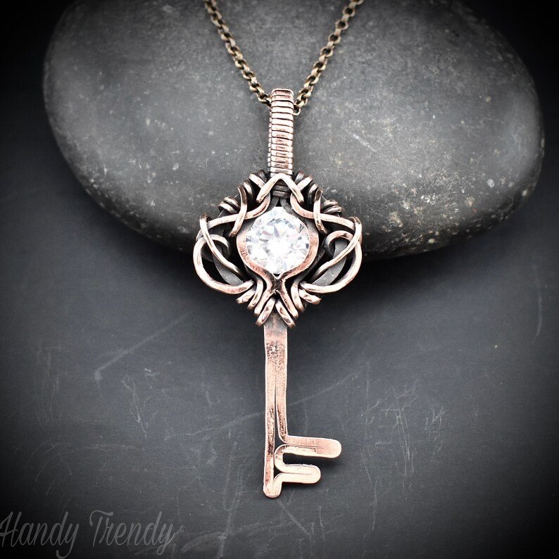 Cubic zirconia key pendant, Free flow copper wire wrapped necklace, Unique handmade gift, One of a kind Artisan jewelry