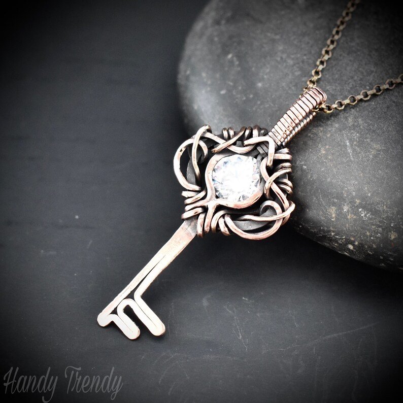 Cubic zirconia key pendant, Free flow copper wire wrapped necklace, Unique handmade gift, One of a kind Artisan jewelry