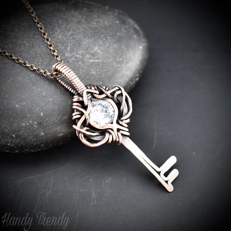 Cubic zirconia key pendant, Free flow copper wire wrapped necklace, Unique handmade gift, One of a kind Artisan jewelry