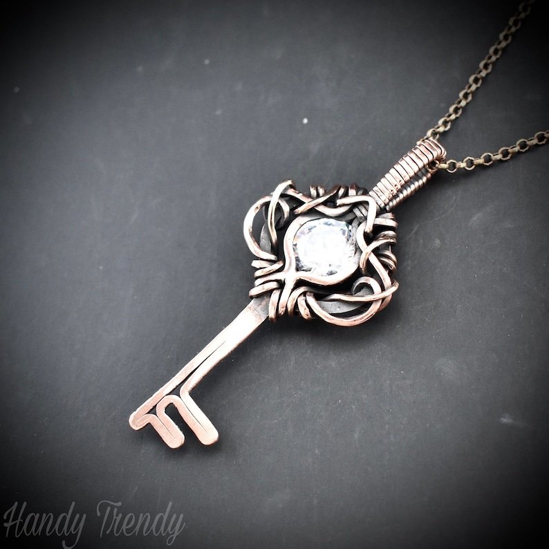 Cubic zirconia key pendant, Free flow copper wire wrapped necklace, Unique handmade gift, One of a kind Artisan jewelry