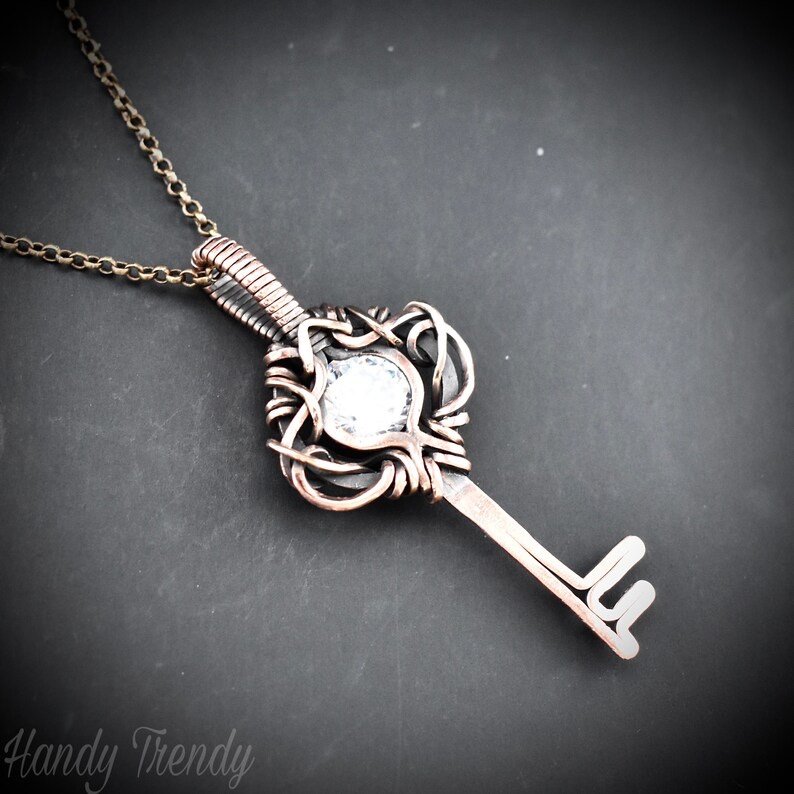 Cubic zirconia key pendant, Free flow copper wire wrapped necklace, Unique handmade gift, One of a kind Artisan jewelry