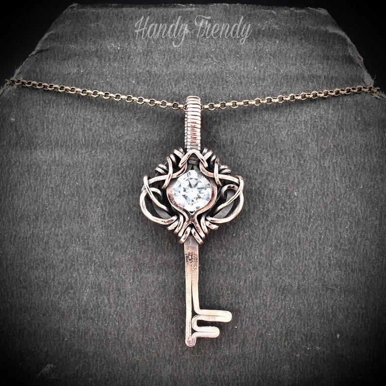 Cubic zirconia key pendant, Free flow copper wire wrapped necklace, Unique handmade gift, One of a kind Artisan jewelry