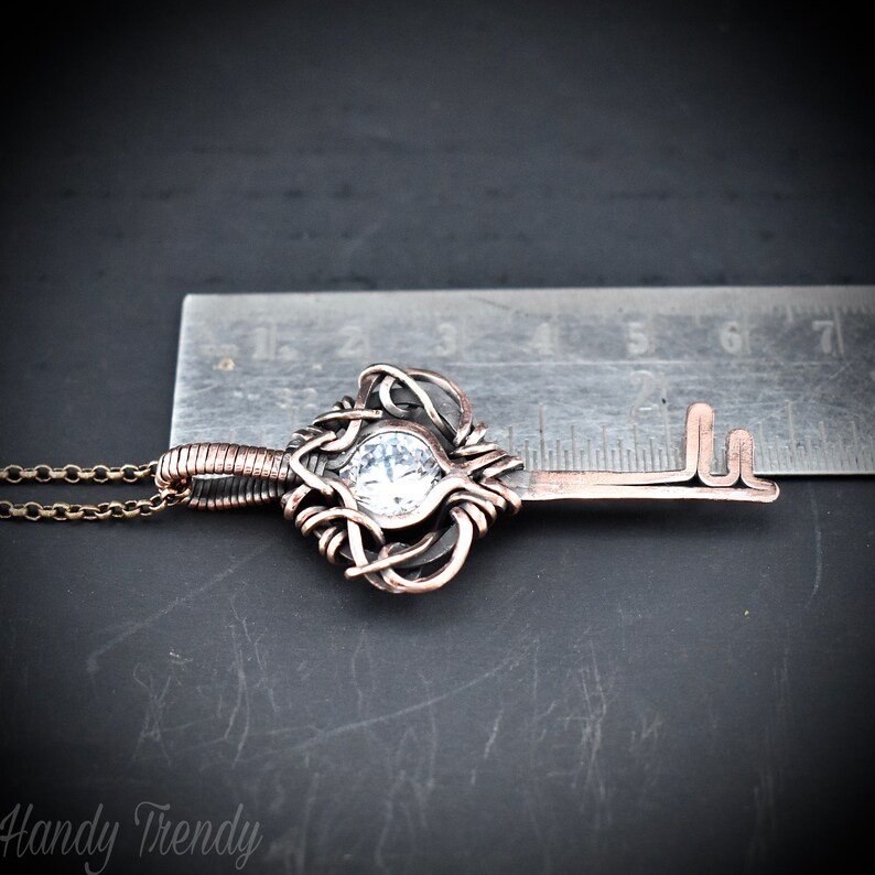Cubic zirconia key pendant, Free flow copper wire wrapped necklace, Unique handmade gift, One of a kind Artisan jewelry