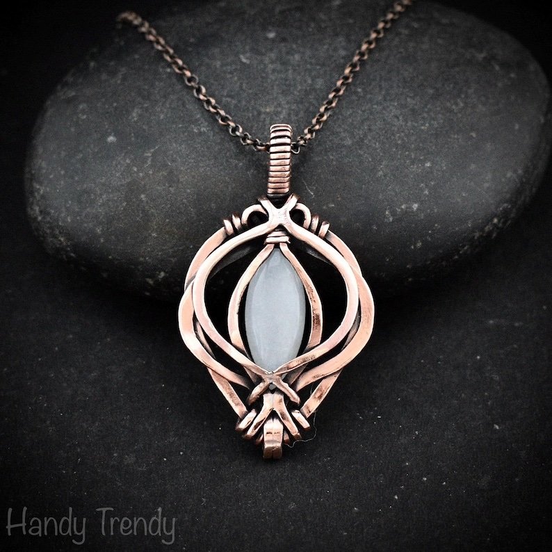 White moonstone pendant, Free-Flow copper wire wrapped necklace, Unique handmade gift, One of a kind artisan boho jewelry
