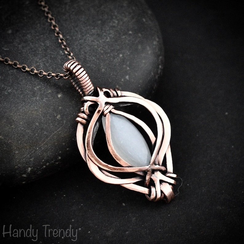 White moonstone pendant, Free-Flow copper wire wrapped necklace, Unique handmade gift, One of a kind artisan boho jewelry