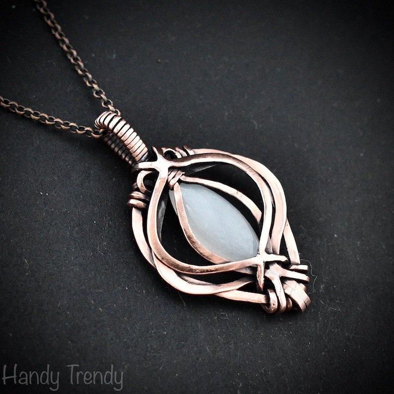 White moonstone pendant, Free-Flow copper wire wrapped necklace, Unique handmade gift, One of a kind artisan boho jewelry