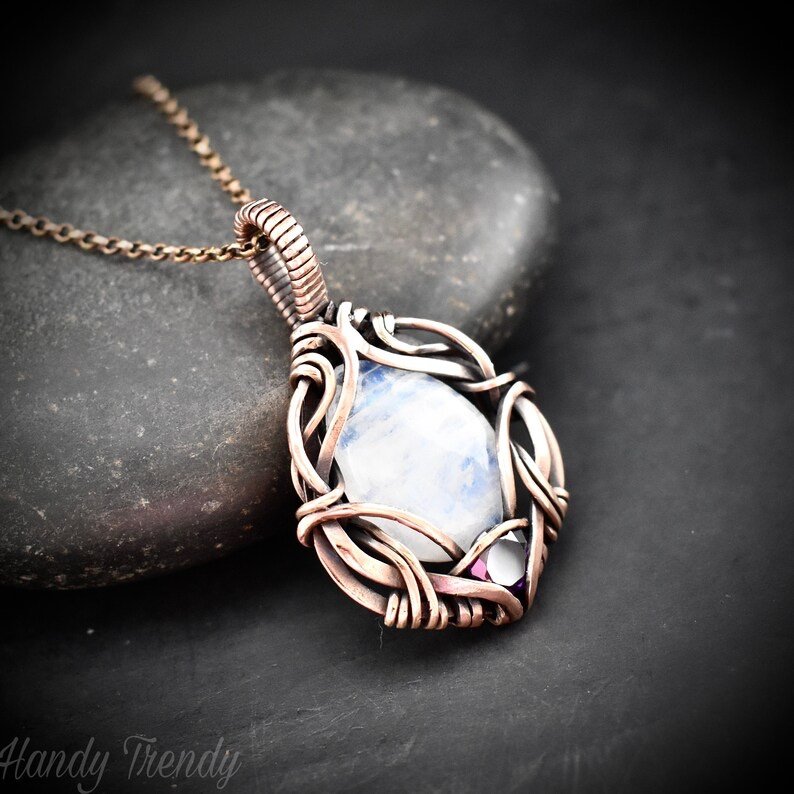 Rainbow moonstone and purple cubic zirconia pendant, Free-flow Copper Wire wrapped necklace, Unique handmade gift, One of a kind